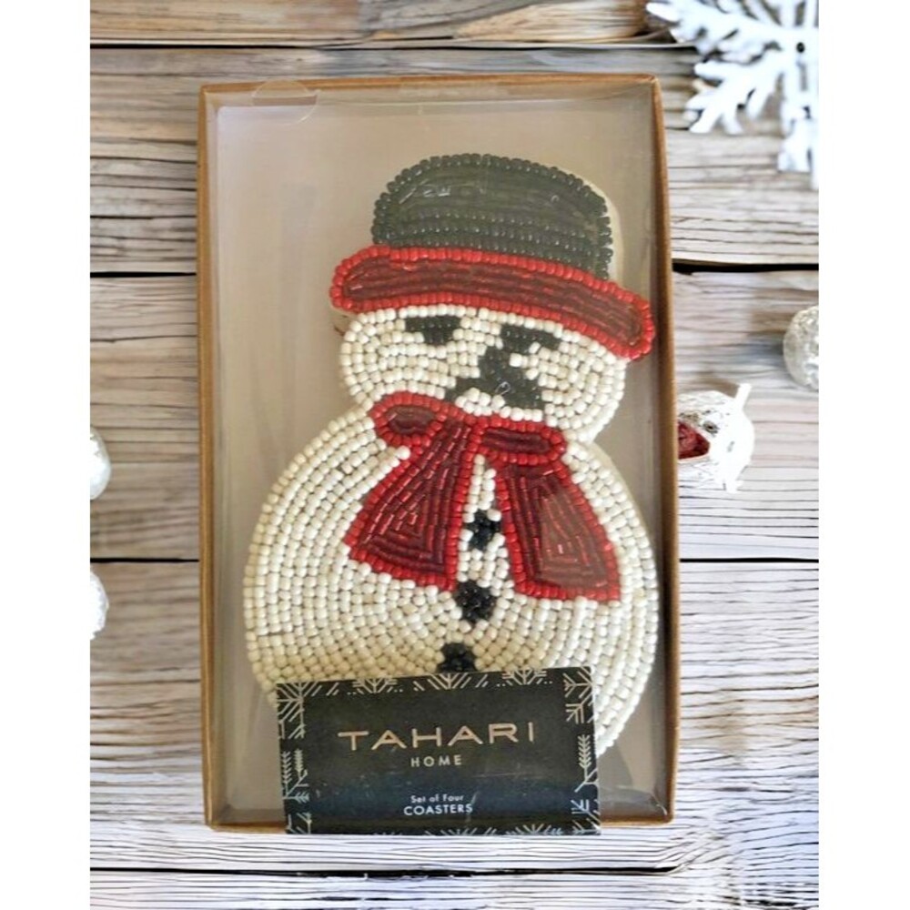 Tahari Home Snowman Christmas Winter Coasters Beaded 7"x4.25" Holiday Set of 4